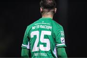 29 October 2021; A view of the slogan “No to Racism” which replaces the players name on the back of the Cork City jersey during the SSE Airtricity League First Division match between Cork City and Galway United at Turners Cross in Cork. Photo by Michael P Ryan/Sportsfile
