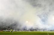 29 October 2021; Finn Harps goalkeeper Mark Anthony McGinley takes a kickout as smoke from flares envelopes the pitch during the SSE Airtricity League Premier Division match between Shamrock Rovers and Finn Harps at Tallaght Stadium in Dublin. Photo by Stephen McCarthy/Sportsfile