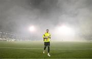 29 October 2021; Finn Harps goalkeeper Mark Anthony McGinley gets into position as smoke from flares envelopes the pitch before the SSE Airtricity League Premier Division match between Shamrock Rovers and Finn Harps at Tallaght Stadium in Dublin. Photo by Stephen McCarthy/Sportsfile