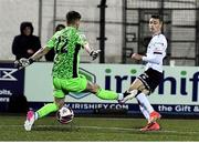 29 October 2021; Daniel Kelly of Dundalk shoots to score his side's first goal past Waterford goalkeeper Paul Martin during the SSE Airtricity League Premier Division match between Dundalk and Waterford at Oriel Park in Dundalk, Louth. Photo by Ben McShane/Sportsfile