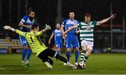 29 October 2021; Rory Gaffney of Shamrock Rovers in action against Finn Harps goalkeeper Mark Anthony McGinley during the SSE Airtricity League Premier Division match between Shamrock Rovers and Finn Harps at Tallaght Stadium in Dublin. Photo by Stephen McCarthy/Sportsfile