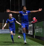 29 October 2021; Promise Omochere of Bohemians celebrates after scoring his side's first goal during the SSE Airtricity League Premier Division match between Derry City and Bohemians at Ryan McBride Brandywell Stadium in Derry. Photo by Ramsey Cardy/Sportsfile