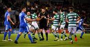 29 October 2021; Shamrock Rovers players Roberto Lopes and Richie Towell dispute a decision by referee Paul McLaughlin during the SSE Airtricity League Premier Division match between Shamrock Rovers and Finn Harps at Tallaght Stadium in Dublin. Photo by Eóin Noonan/Sportsfile