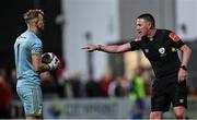 29 October 2021; Referee Damien MacGraith speaks to Bohemians goalkeeper James Talbot during the SSE Airtricity League Premier Division match between Derry City and Bohemians at Ryan McBride Brandywell Stadium in Derry. Photo by Ramsey Cardy/Sportsfile
