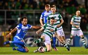 29 October 2021; Gary O'Neill of Shamrock Rovers in action against Will Seymore of Finn Harps during the SSE Airtricity League Premier Division match between Shamrock Rovers and Finn Harps at Tallaght Stadium in Dublin. Photo by Eóin Noonan/Sportsfile