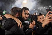 29 October 2021; Richie Towell of Shamrock Rovers celebrates with manager Stephen Bradley after the SSE Airtricity League Premier Division match between Shamrock Rovers and Finn Harps at Tallaght Stadium in Dublin. Photo by Eóin Noonan/Sportsfile