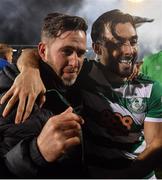 29 October 2021; Shamrock Rovers manager Stephen Bradley, left, and Richie Towell celebrate after the SSE Airtricity League Premier Division match between Shamrock Rovers and Finn Harps at Tallaght Stadium in Dublin. Photo by Eóin Noonan/Sportsfile