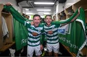 29 October 2021; Ronan Finn, left, and Lee Grace of Shamrock Rovers celebrate after the SSE Airtricity League Premier Division match between Shamrock Rovers and Finn Harps at Tallaght Stadium in Dublin. Photo by Stephen McCarthy/Sportsfile
