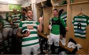 29 October 2021; Shamrock Rovers players Lee Grace, left, and Danny Mandroiu celebrate in the dressing room after the SSE Airtricity League Premier Division match between Shamrock Rovers and Finn Harps at Tallaght Stadium in Dublin. Photo by Stephen McCarthy/Sportsfile