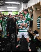 29 October 2021; Lee Grace of Shamrock Rovers and his manager Stephen Bradley celebrate in the dressingroom after the SSE Airtricity League Premier Division match between Shamrock Rovers and Finn Harps at Tallaght Stadium in Dublin. Photo by Stephen McCarthy/Sportsfile