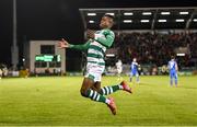 29 October 2021; Aidomo Emakhu of Shamrock Rovers celebrates after scoring his side's third goal during the SSE Airtricity League Premier Division match between Shamrock Rovers and Finn Harps at Tallaght Stadium in Dublin. Photo by Stephen McCarthy/Sportsfile