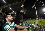 29 October 2021; Richie Towell of Shamrock Rovers, left, and manager Stephen Bradley celebrate after the SSE Airtricity League Premier Division match between Shamrock Rovers and Finn Harps at Tallaght Stadium in Dublin. Photo by Stephen McCarthy/Sportsfile