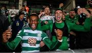 29 October 2021; Aidomo Emakhu, left, and Danny Mandroiu of Shamrock Rovers celebrate after the SSE Airtricity League Premier Division match between Shamrock Rovers and Finn Harps at Tallaght Stadium in Dublin. Photo by Stephen McCarthy/Sportsfile