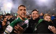 29 October 2021; Lee Grace of Shamrock Rovers, left, and mabager Stephen Bradley celebrate after the SSE Airtricity League Premier Division match between Shamrock Rovers and Finn Harps at Tallaght Stadium in Dublin. Photo by Stephen McCarthy/Sportsfile