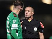 29 October 2021; Referee Robert Dowling in conversation with Gordon Walker of Cork City during the SSE Airtricity League First Division match between Cork City and Galway United at Turners Cross in Cork. Photo by Michael P Ryan/Sportsfile