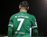 29 October 2021; A view of the slogan “No to Racism” which replaces the players name on the back of the Cork City jersey during the SSE Airtricity League First Division match between Cork City and Galway United at Turners Cross in Cork. Photo by Michael P Ryan/Sportsfile