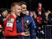 29 October 2021; Shane Farrell of Shelbourne is presented with his Players' Player award by manager Ian Morris after the SSE Airtricity League First Division match between Shelbourne and UCD at Tolka Park in Dublin. Photo by Seb Daly/Sportsfile