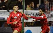 29 October 2021; Yousef Mahdy of Shelbourne, left, celebrates with team-mate Yassine En-Neyah after scoring their side's equalising during the SSE Airtricity League First Division match between Shelbourne and UCD at Tolka Park in Dublin. Photo by Seb Daly/Sportsfile