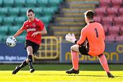 30 October 2021; Richard McAvoy of Willowbank shoots to score his side's first goal past Fairview Rangers goalkeeper Aaron Savage during the President's junior cup final match between Fairview Rangers and Willowbank FC at Tallaght Stadium in Dublin. Photo by Piaras Ó Mídheach/Sportsfile