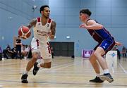 30 October 2021; Marquel Murphy of Griffith College Templeogue in action against John Burke of NUIG Maree during the InsureMyHouse.ie Pat Duffy National Cup Round 1 match between NUIG Maree and Griffith College Templeogue at NUIG Kingfisher Gym in Galway. Photo by Brendan Moran/Sportsfile