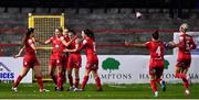 30 October 2021; Abbie Larkin of Shelbourne, fourth from left, celebrates with team-mates after scoring her side's first goal during the SSE Airtricity Women's National League match between Shelbourne and Galway WFC at Tolka Park in Dublin. Photo by Sam Barnes/Sportsfile