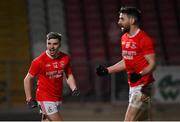 30 October 2021; Lee Brennan celebrates after scoring his side's second goal with Matthew Donnelly during the Tyrone County Senior Football Championship Semi-Final match between Dromore and Trillick at Healy Park in Omagh, Tyrone. Photo by Ramsey Cardy/Sportsfile