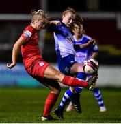 30 October 2021; Saoirse Noonan of Shelbourne in action against Becky Walsh of Galway during the SSE Airtricity Women's National League match between Shelbourne and Galway WFC at Tolka Park in Dublin. Photo by Sam Barnes/Sportsfile