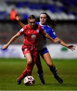 30 October 2021; Rachel Graham of Shelbourne in action against Chloe Singleton of Galway during the SSE Airtricity Women's National League match between Shelbourne and Galway WFC at Tolka Park in Dublin. Photo by Sam Barnes/Sportsfile