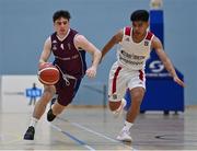 30 October 2021; Evan O'Rourke of NUIG Maree in action against Chris Arcilla of Griffith College Templeogue during the InsureMyHouse.ie Pat Duffy National Cup Round 1 match between NUIG Maree and Griffith College Templeogue at NUIG Kingfisher Gym in Galway. Photo by Brendan Moran/Sportsfile