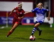 30 October 2021; Saoirse Noonan of Shelbourne in action against Meabh De Burca of Galway during the SSE Airtricity Women's National League match between Shelbourne and Galway WFC at Tolka Park in Dublin. Photo by Sam Barnes/Sportsfile