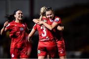 30 October 2021; Jessie Stapleton of Shelbourne, 3, celebrates with team-mate Abbie Larkin after scoring her side's second goal during the SSE Airtricity Women's National League match between Shelbourne and Galway WFC at Tolka Park in Dublin. Photo by Sam Barnes/Sportsfile