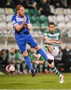 29 October 2021; Chris McCann of Shamrock Rovers in action against Ryan Connolly of Finn Harps during the SSE Airtricity League Premier Division match between Shamrock Rovers and Finn Harps at Tallaght Stadium in Dublin. Photo by Stephen McCarthy/Sportsfile