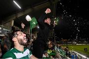 29 October 2021; Shamrock Rovers manager Stephen Bradley and Richie Towell, left, celebrate with their supporters after winning the SSE Airtricity League Premier Division following the match between Shamrock Rovers and Finn Harps at Tallaght Stadium in Dublin. Photo by Stephen McCarthy/Sportsfile