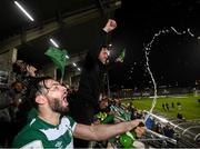 29 October 2021; Shamrock Rovers manager Stephen Bradley and Richie Towell, left, celebrate with their supporters after winning the SSE Airtricity League Premier Division following the match between Shamrock Rovers and Finn Harps at Tallaght Stadium in Dublin. Photo by Stephen McCarthy/Sportsfile