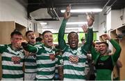 29 October 2021; Aidomo Emakhu and his Shamrock Rovers team-mates celebrate after winning the SSE Airtricity League Premier Division following the match between Shamrock Rovers and Finn Harps at Tallaght Stadium in Dublin. Photo by Stephen McCarthy/Sportsfile