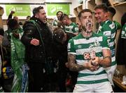 29 October 2021; Lee Grace of Shamrock Rovers celebrates with team-mates after winning the SSE Airtricity League Premier Division following the match between Shamrock Rovers and Finn Harps at Tallaght Stadium in Dublin. Photo by Stephen McCarthy/Sportsfile