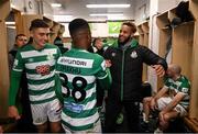 29 October 2021; Barry Cotter, right, and Aidomo Emakhu, 38, celebrate with their Shamrock Rovers team-mates after winning the SSE Airtricity League Premier Division following the match between Shamrock Rovers and Finn Harps at Tallaght Stadium in Dublin. Photo by Stephen McCarthy/Sportsfile