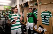 29 October 2021; Lee Grace, left, and Danny Mandroiu celebrate with their Shamrock Rovers team-mates after winning the SSE Airtricity League Premier Division following the match between Shamrock Rovers and Finn Harps at Tallaght Stadium in Dublin. Photo by Stephen McCarthy/Sportsfile