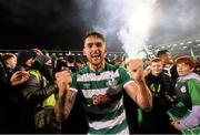 29 October 2021; Lee Grace of Shamrock Rovers celebrates with supporters after winning the SSE Airtricity League Premier Division following the match between Shamrock Rovers and Finn Harps at Tallaght Stadium in Dublin. Photo by Stephen McCarthy/Sportsfile