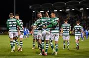 29 October 2021; Aidomo Emakhu is congratulated by Shamrock Rovers team-mates Gary O'Neill, left, and Graham Burke, right, after scoring his side's third goal during the SSE Airtricity League Premier Division match between Shamrock Rovers and Finn Harps at Tallaght Stadium in Dublin. Photo by Stephen McCarthy/Sportsfile