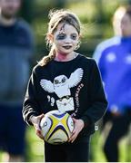 31 October 2021; Callie Imrie Brown takes part in a Leinster Rugby Halloween Mini Training Session at Blackrock RFC in Dublin. Photo by Brendan Moran/Sportsfile