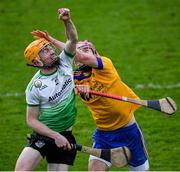 31 October 2021; Seán Ryan of Na Fianna in action against Luke Walsh of Lucan Sarsfields during the Go Ahead Dublin County Senior Club Hurling Championship Semi-Final match between Lucan Sarsfields and Na Fianna at Parnell Park in Dublin. Photo by Ray McManus/Sportsfile
