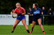 31 October 2021; Edel Hyland of Clontarf B in action against Caitriona Devlin of St Jude's during the Dublin LGFA Go-Ahead Junior Club Football Championship Final match between Clontarf B and St Judes at St Margarets GAA club in Dublin. Photo by Brendan Moran/Sportsfile