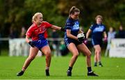 31 October 2021; Roisin Connolly of St Jude's in action against Edel Hyland of Clontarf B during the Dublin LGFA Go-Ahead Junior Club Football Championship Final match between Clontarf B and St Judes at St Margarets GAA club in Dublin. Photo by Brendan Moran/Sportsfile