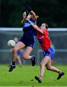 31 October 2021; Roisin Connolly of St Jude's in action against Aisling Moran of Clontarf B during the Dublin LGFA Go-Ahead Junior Club Football Championship Final match between Clontarf B and St Judes at St Margarets GAA club in Dublin. Photo by Brendan Moran/Sportsfile