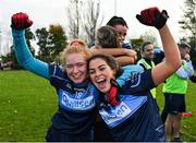 31 October 2021; St Jude's players Leah Butler, left, and Aoife Walsh celebrate after the Dublin LGFA Go-Ahead Junior Club Football Championship Final match between Clontarf B and St Judes at St Margarets GAA club in Dublin. Photo by Brendan Moran/Sportsfile