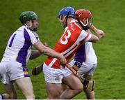 31 October 2021; David Treacy of Cuala is tackled by Fergal Whitely and Oisin O’Rorke of Kilmacud Crokes  during the Go Ahead Dublin County Senior Club Hurling Championship Semi-Final match between Cuala and Kilmacud Crokes at Parnell Park in Dublin. Photo by Ray McManus/Sportsfile