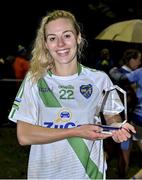 31 October 2021; Player of the Match Nicole Owens with her trophy after the Dublin LGFA Go-Ahead Intermediate Club Football Championship Final match between St Sylvesters and Castleknock at St Margarets GAA club in Dublin. Photo by Brendan Moran/Sportsfile