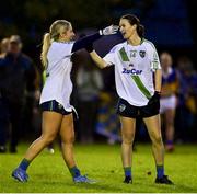 31 October 2021; Emma Sullivan, left, and Sinéad Aherne of St Sylvesters celebrate at the final whistle of the Dublin LGFA Go-Ahead Intermediate Club Football Championship Final match between St Sylvesters and Castleknock at St Margarets GAA club in Dublin. Photo by Brendan Moran/Sportsfile
