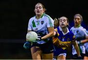 31 October 2021; Aine McDonnell of St Sylvesters in action against Caitlin Coffey of Castleknock during the Dublin LGFA Go-Ahead Intermediate Club Football Championship Final match between St Sylvesters and Castleknock at St Margarets GAA club in Dublin. Photo by Brendan Moran/Sportsfile